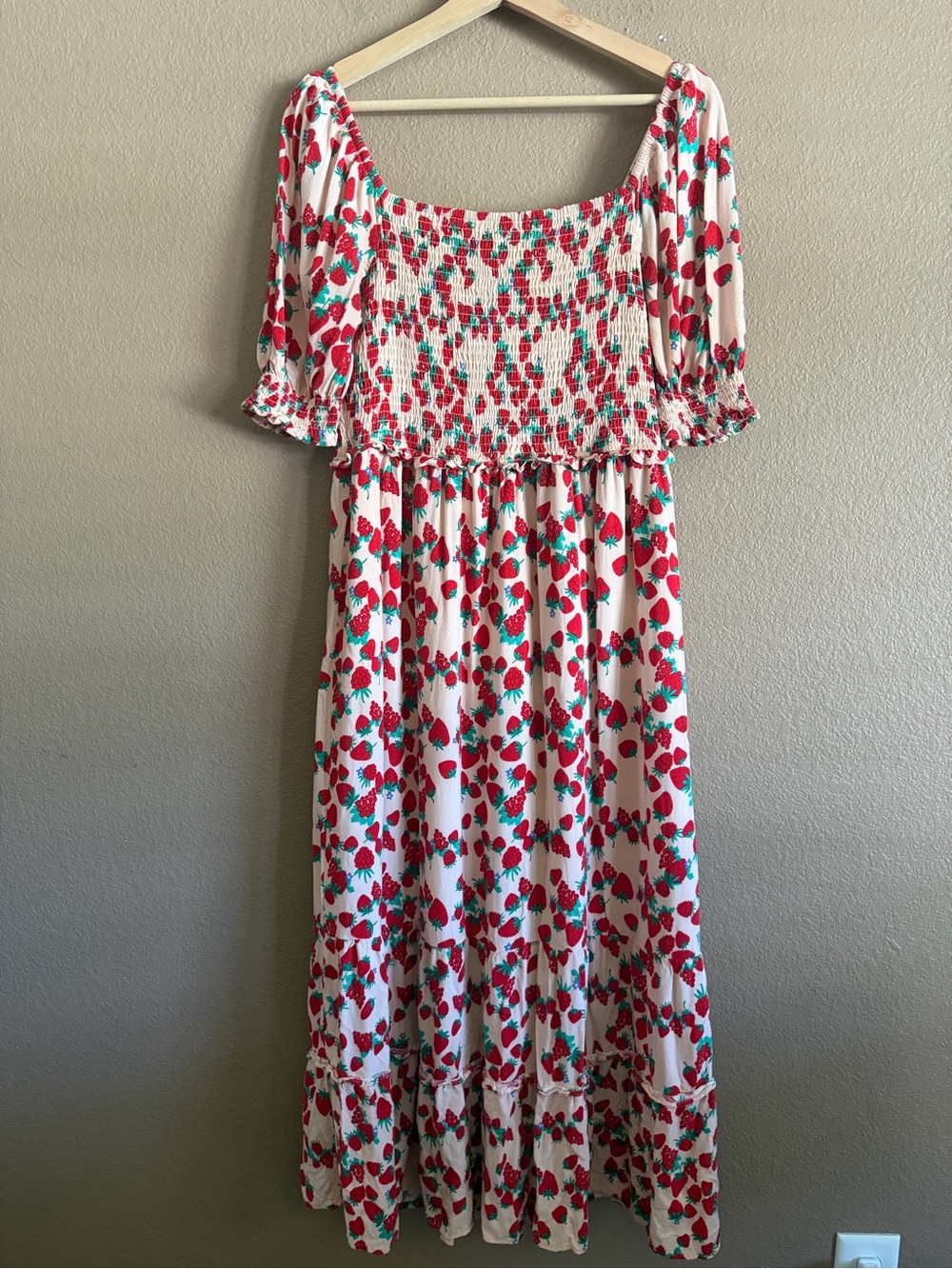Betsey Johnson Smocked Light Pink Maxi Dress with Strawberry Print Size Large